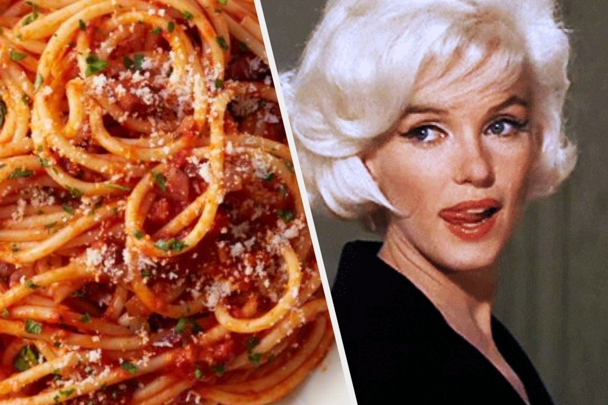 A bowl of tomato sauce pasta next to Marilyn Monroe biting her lip 