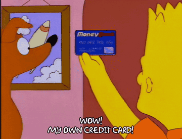 Character saying, &quot;Wow! My own credit card!&quot;