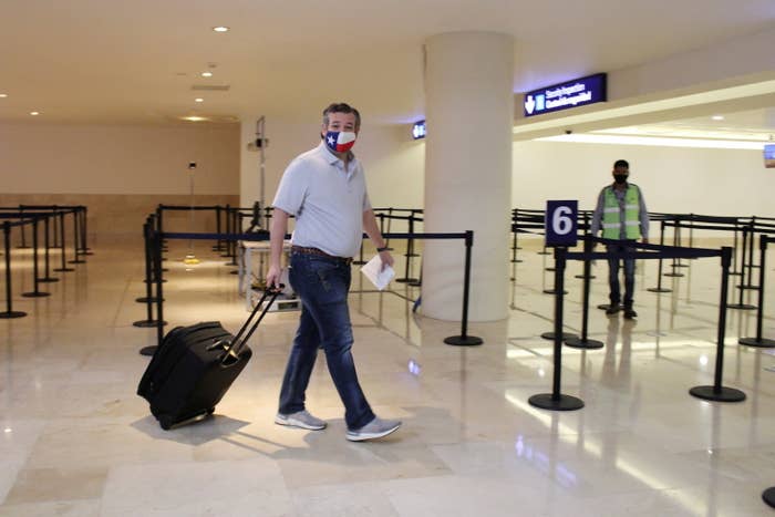 Ted Cruz wears a Texas flag mask as he pulls his luggage through Cancun International Airport