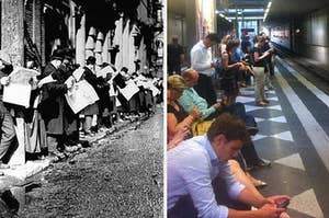 People reading papers waiting for public transit in 1920 and on their phones waiting todaty