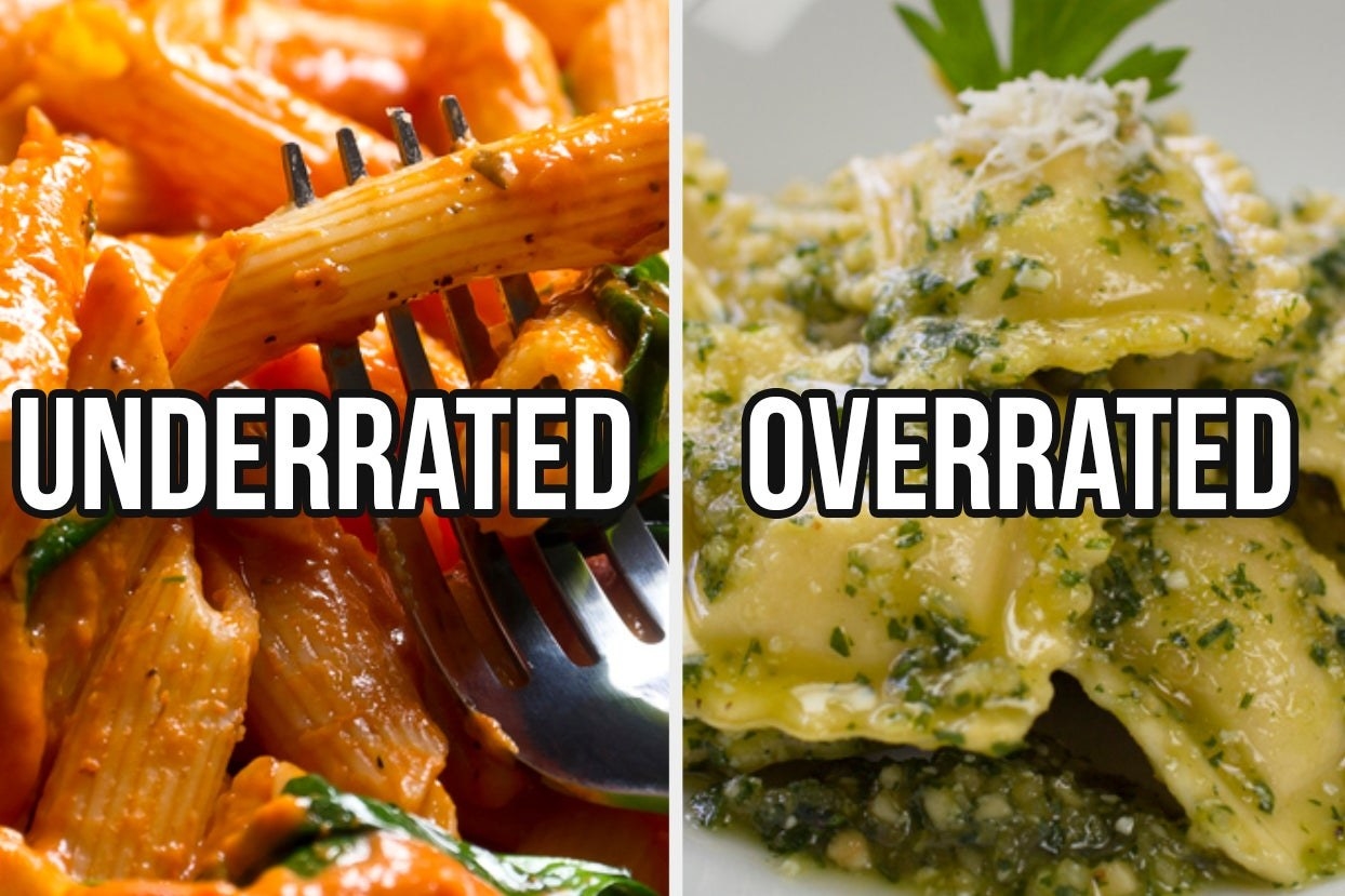 Penne alla vodka with the words &quot;underrated&quot; and pesto ravioli with the words &quot;overrated&quot; 