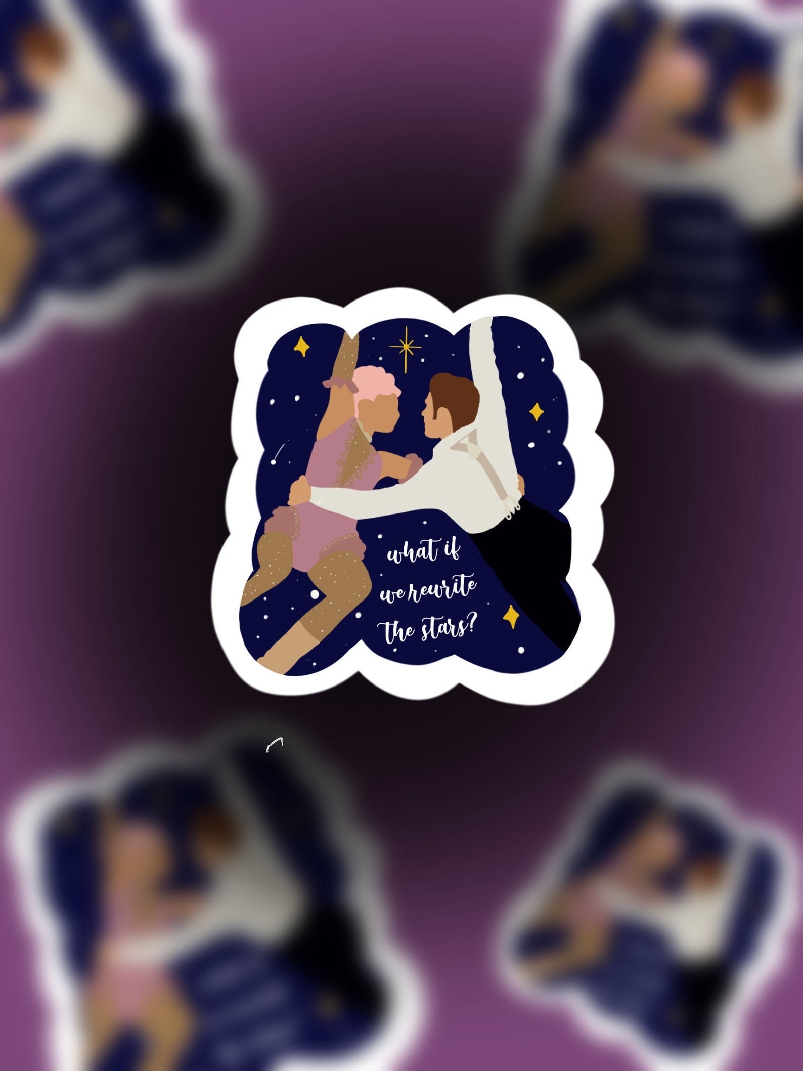 a sticker of zendaya and zac efron on the trapeze with the lyrics &quot;what if we rewrite the stars?&quot; on it