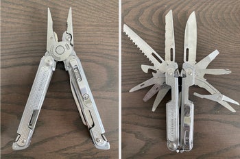 Split image of stainless steel Leatherman multitool opened showing pliers in one image and the rest of the implements in another
