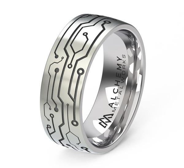 A silver band etched to look like a circuit board 