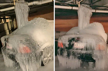 Woman's Car Trapped Under Ice After Pipe Burst