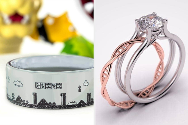 Two panels showing a silver band etched with an 8-bit scene from Super Mario Bros and a silver ring with a rose gold band shaped to look like DNA