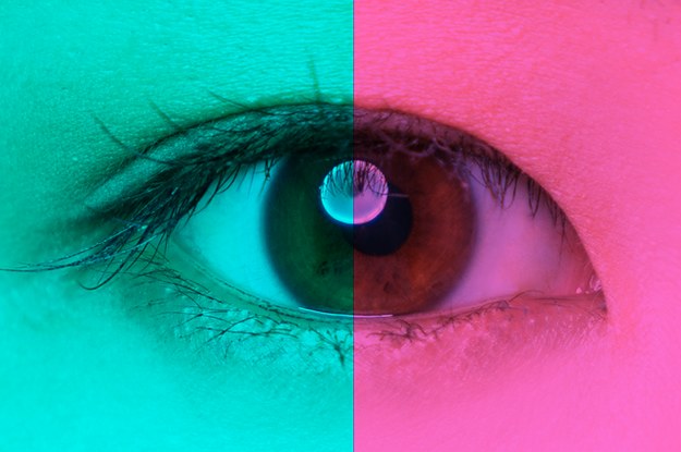 an eye with teal blue covering one side and pink covering the other