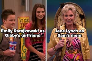 Emily Ratajkowski as Gibby's girlfriend and Jane Lynch as Sam's mom on "iCarly"