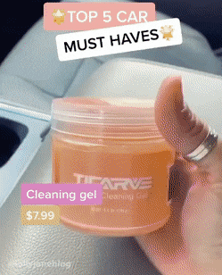 GIF of TikTok reviewer using the cleaning putty to clean dust from car vents