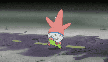 Patrick Star running with his pants down and then falling on his face