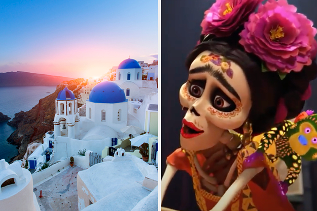 Side-by-side images of Mykonos, Greece and Frida Khalo from Coco