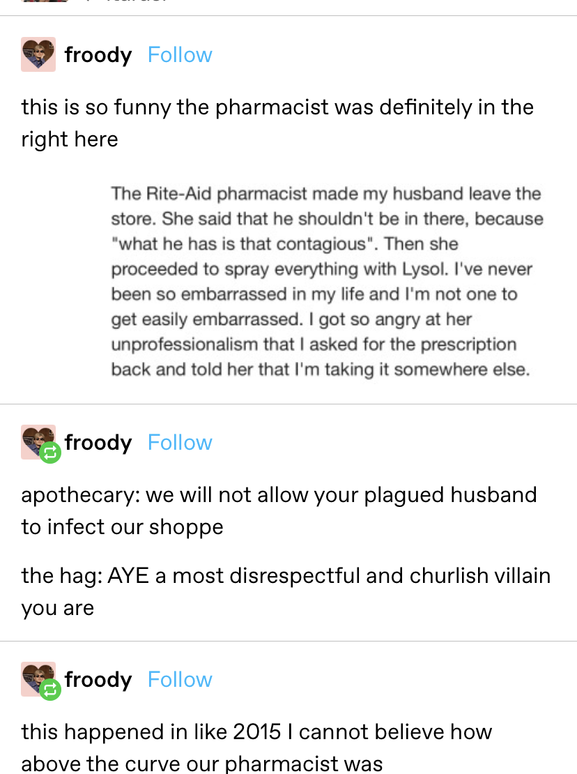 2015 post about a pharmacist telling a man to leave and spraying lysol everywhere because what he has is contagious, and people saying now the pharmacist was ahead of the curve