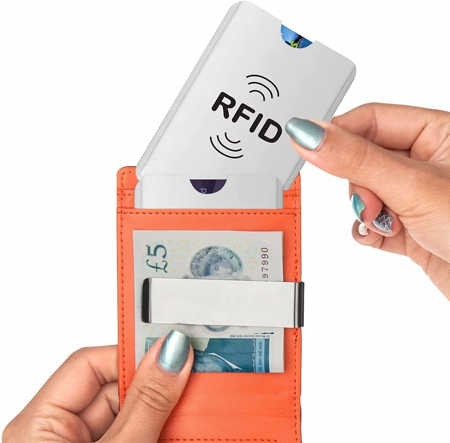 RFID blocking card being inserted into a wallet 