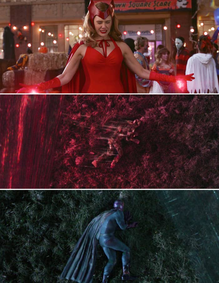 Wanda using her powers and Vision&#x27;s dead body healing after going through the Hex