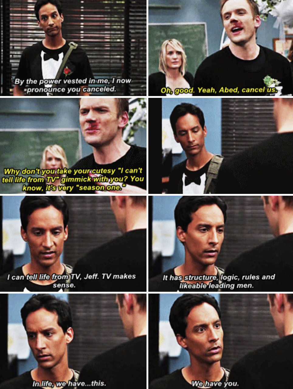 Abed telling Jeff TV makes more sense than real life