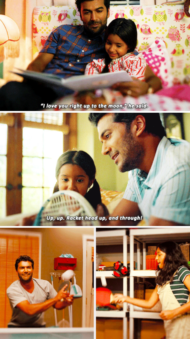 Devi&#x27;s dad reading to her as a child, showing her a tennis racket, and playing ping pong in the garage