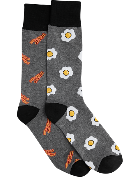 Two socks, one with bacon illustrations, the other with egg illustrations