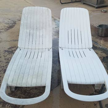 two white deck chairs one cleaned with the polish and one still dirty