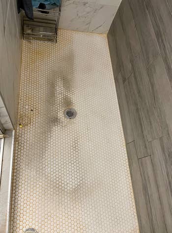 Reviewer's before of their dirty shower tiles 