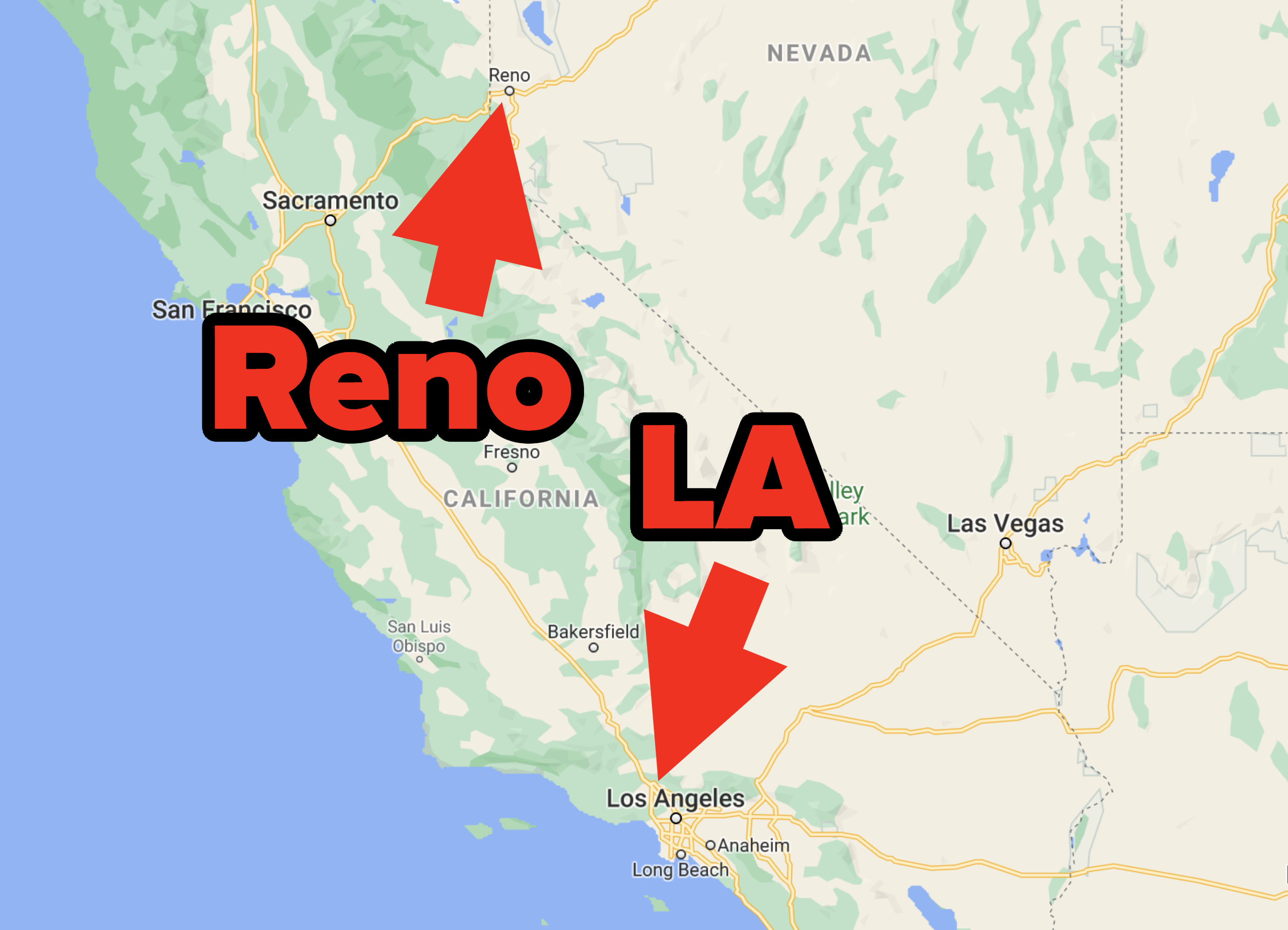 a map that shows Reno and LA
