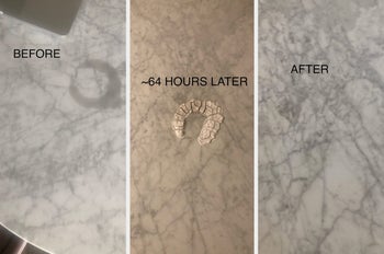 a series of before, during, and after photos of an oil stain on a reviewer's marble countertops being removed with the product