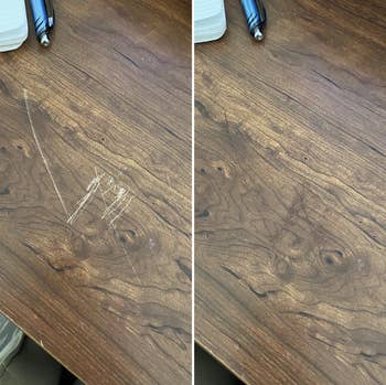 a before and after of a reviewer's wooden table with a scratch on it covered up with the pen