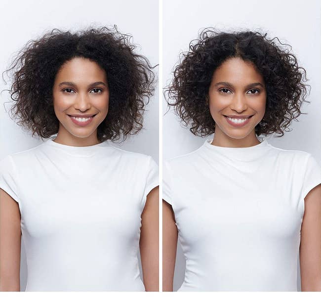 Model showing before-and-after results of using Moroccanoil treatment