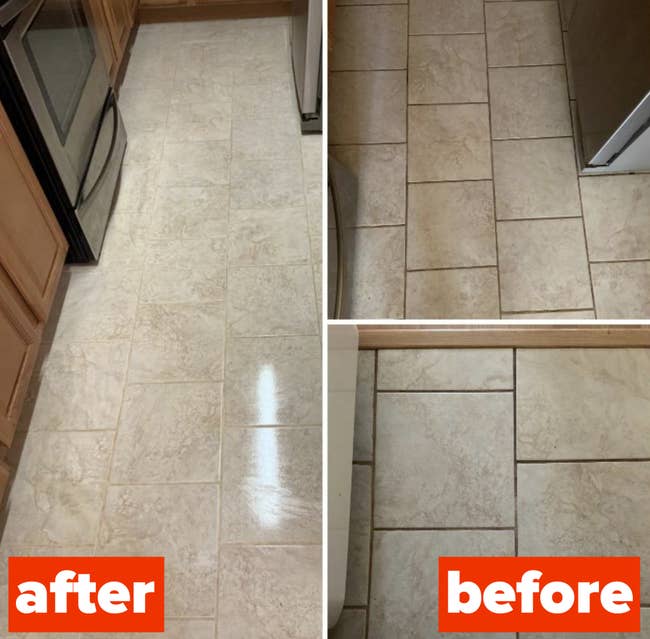 on the right, a reviewer's tile floors looking dirty from grout, and on the left, the same tile floors now looking practically brand new