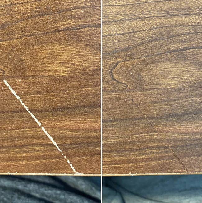 another wooden surface in a reviewer's home with a scratch mark that is now covered up with the pen