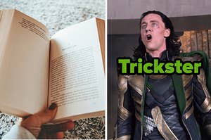 An open book and Loki labeled "trickster"