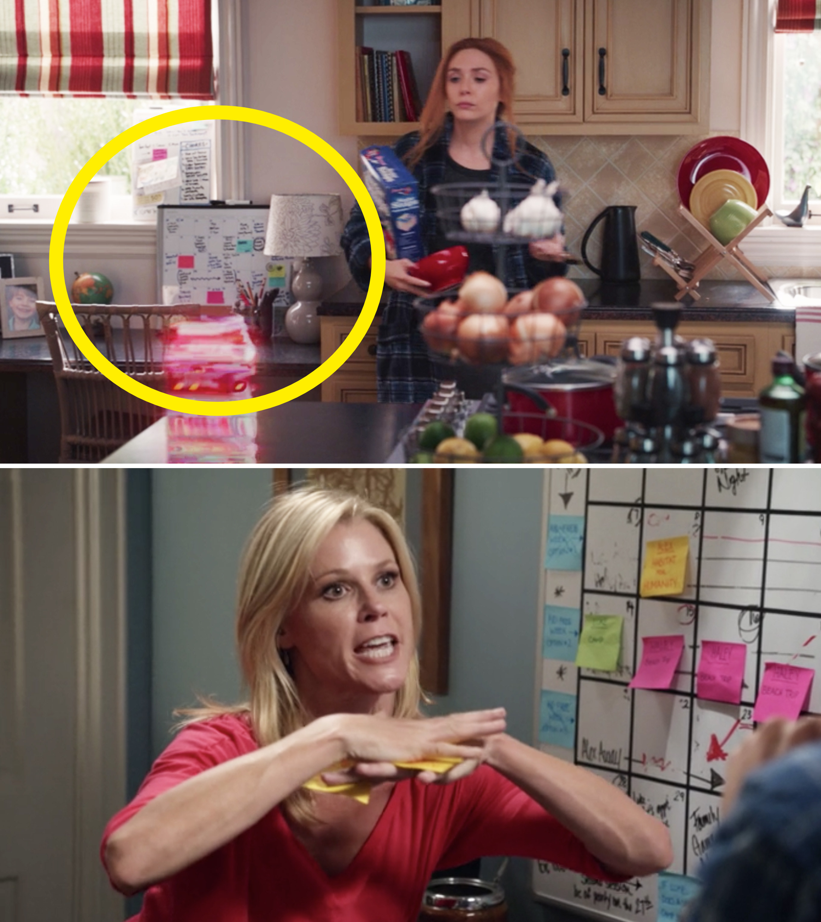 A calendar with sticky notes on the counter behind Wanda vs. Claire talking in front of a calendar with sticky notes on Modern Family