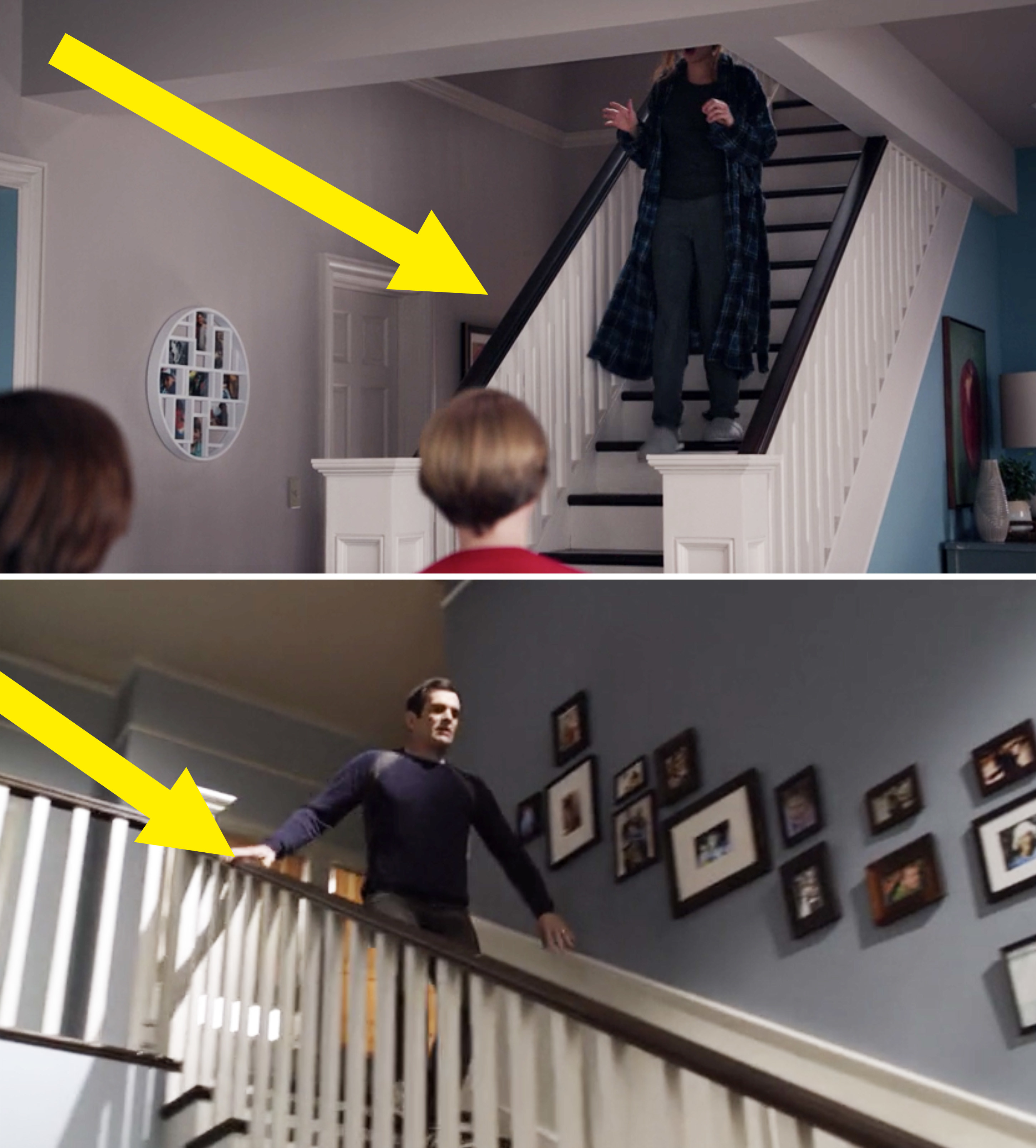 Wanda coming down a set of white stairs with a black handrail vs. Phil coming down the stairs in Modern Family