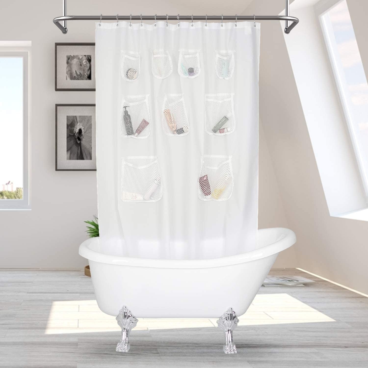 shower curtain with pockets with shampoos in pocket