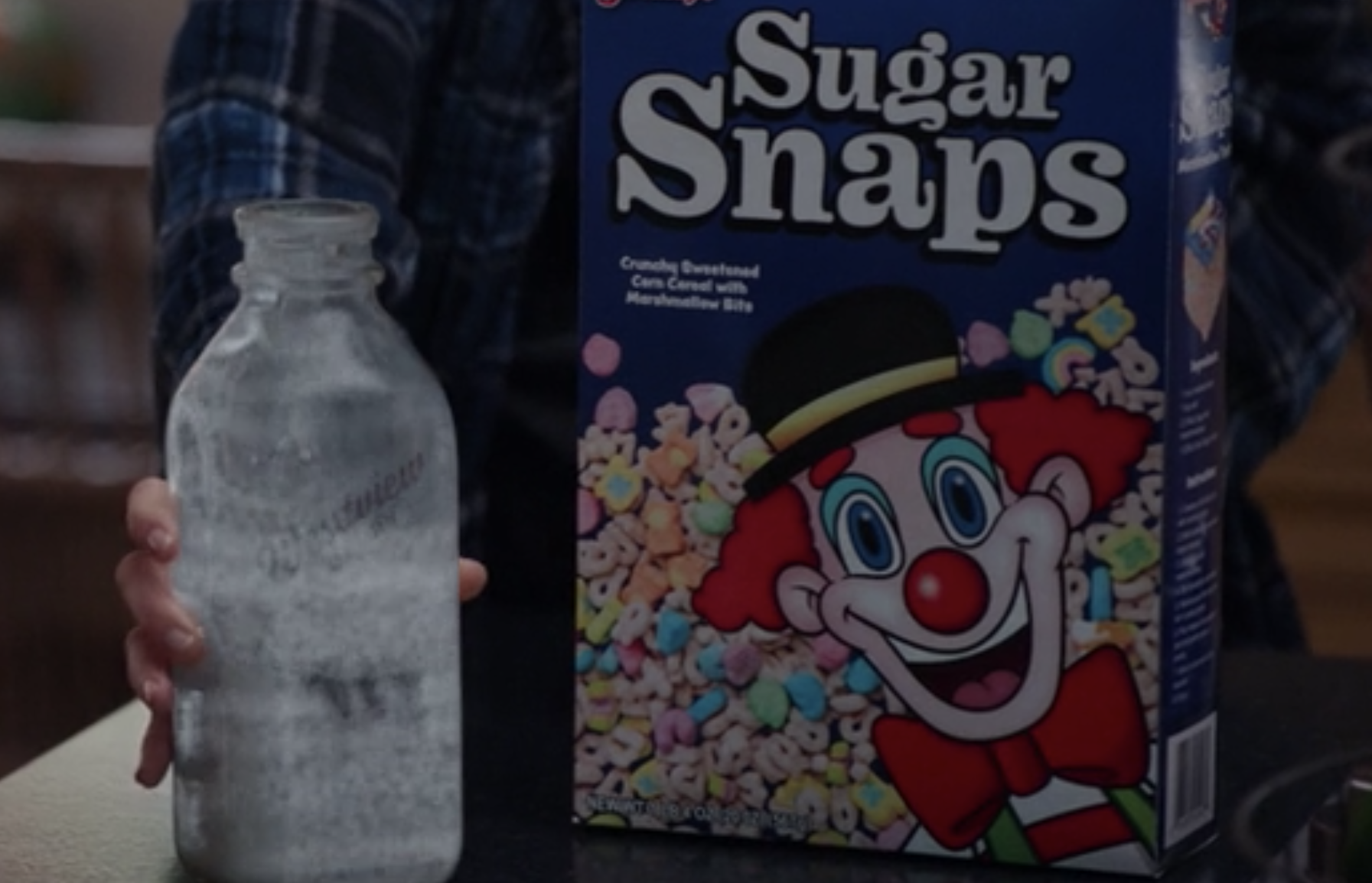 A close-up of the cereal box featuring a clown