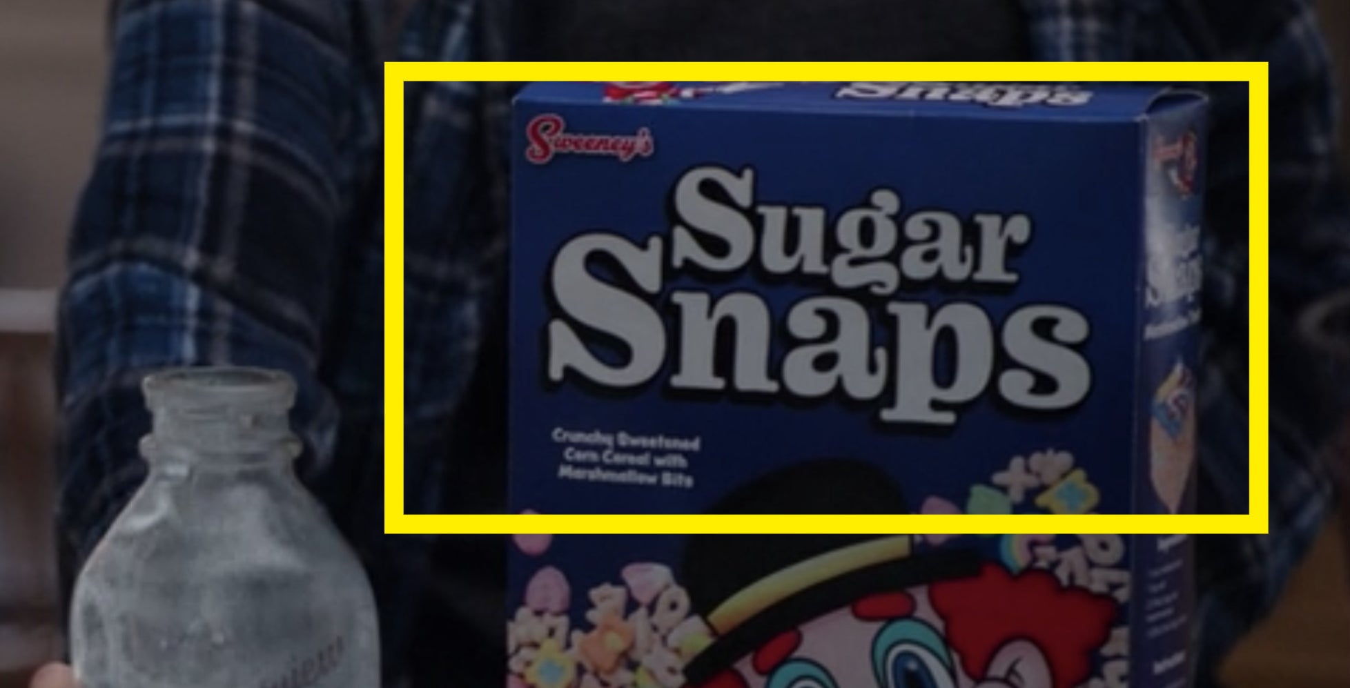 A close-up of Wanda&#x27;s cereal box, which reads &quot;Sugar Snaps&quot;