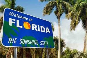 Image is a blue billboard with green palm trees in the background. In Bold White letters is "Welcome to Florida" "The Sunshine State" 