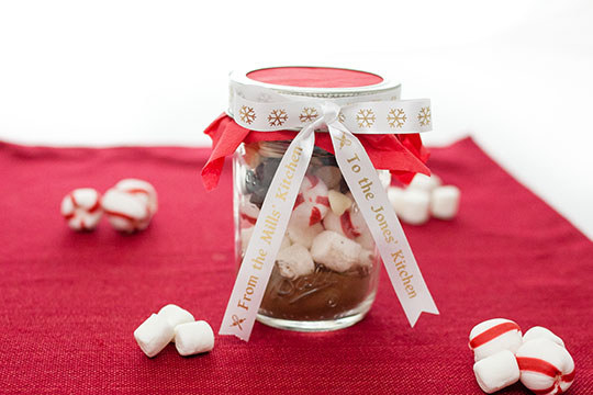 Peppermint hot cocoa jar with personalized ribbon.
