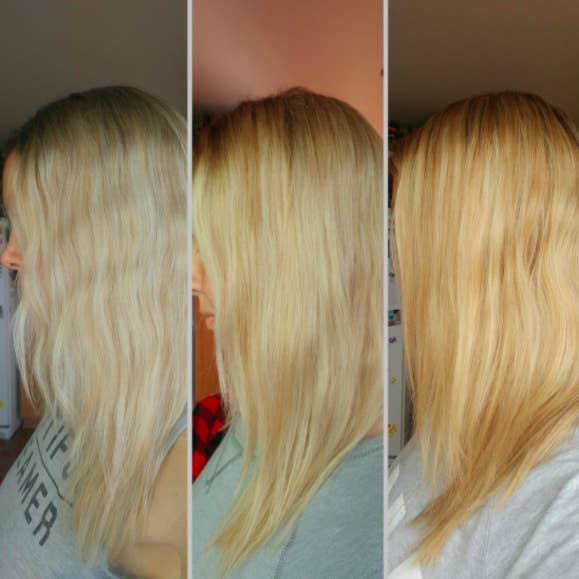 before and after showing blonde hair losing its yellow tint