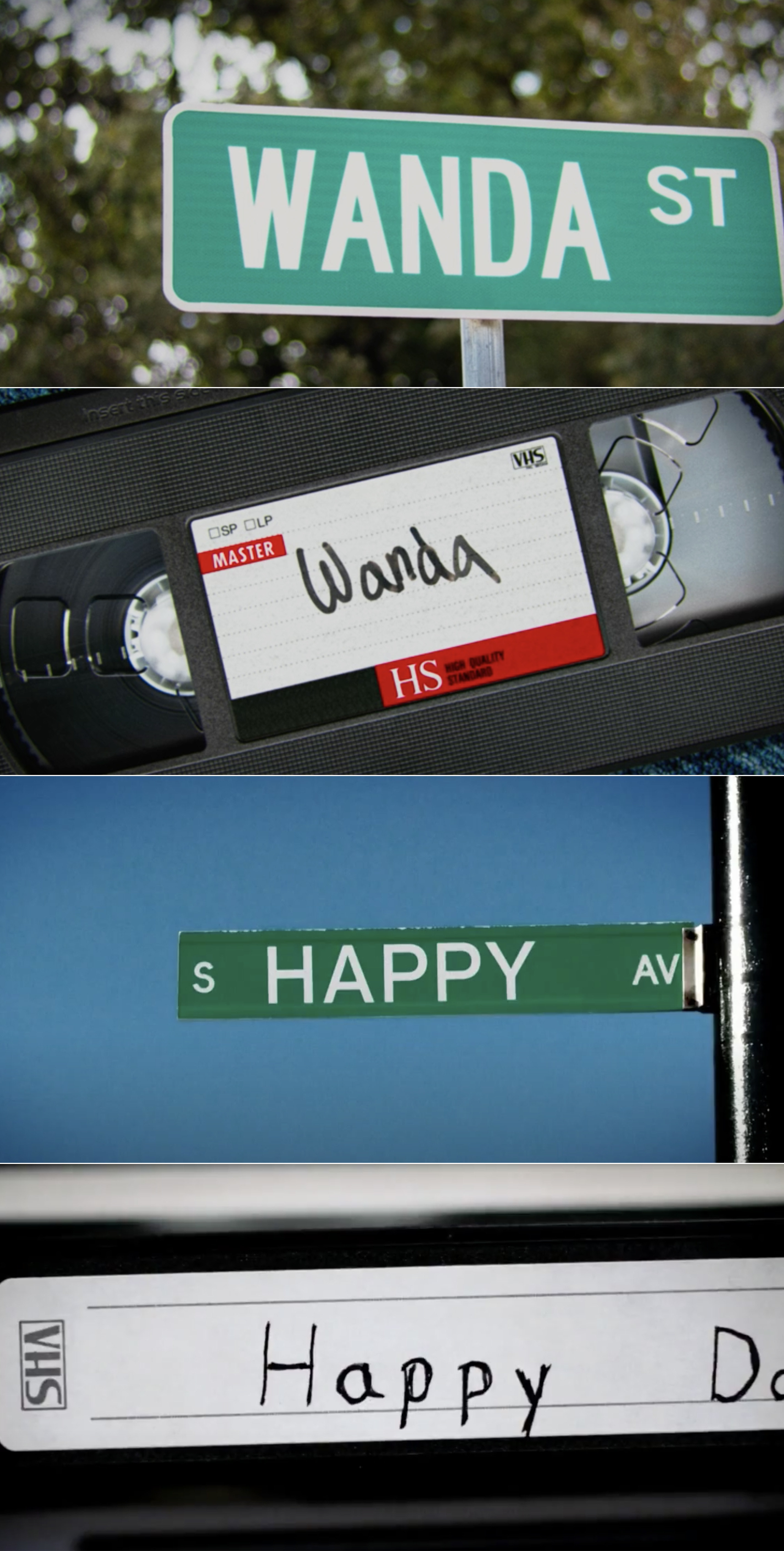 A street sign and VHS tape saying "Wanda" vs. a street sign and VHS tape saying "Happy"