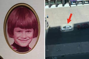 An oval frame perfectly matches a photo fo a kid's oval mullet
