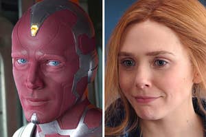 Vision looking happy and Wanda looking confused