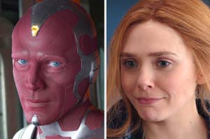 Vision looking happy and Wanda looking confused