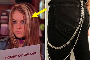 Anna from freaky friday with chunky highlight stripes in her hair, and black jeans with a chain on the right