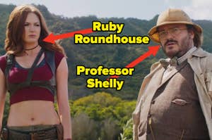 Jack Black as Bethany Walker and Karen Gillan as Martha Kaply in the movie "Jumanji: Welcome to the Jungle."