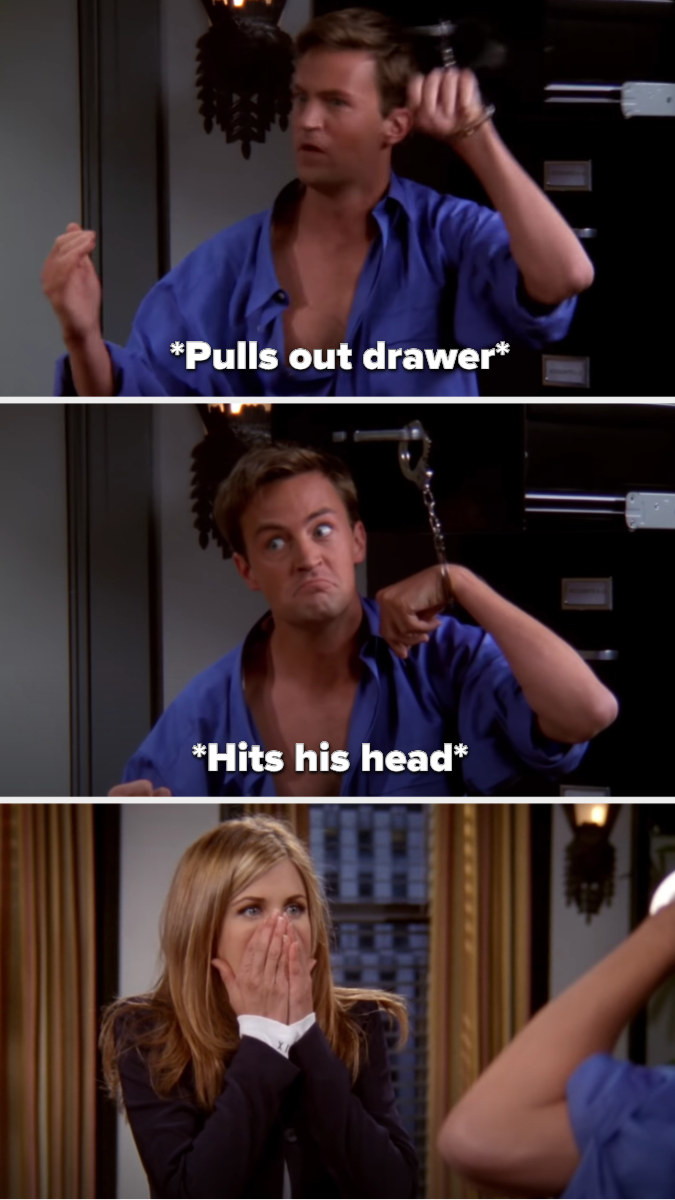 Chandler pulls at his handcuffed hand and pulls out the drawer of the filing cabinet, hitting his head, causing Rachel to put her hands over her mouth