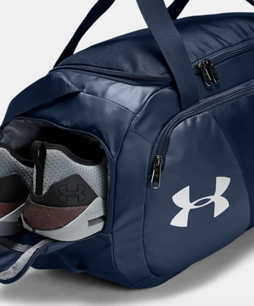 blue gym bag with sneaker side compartment and front pocket