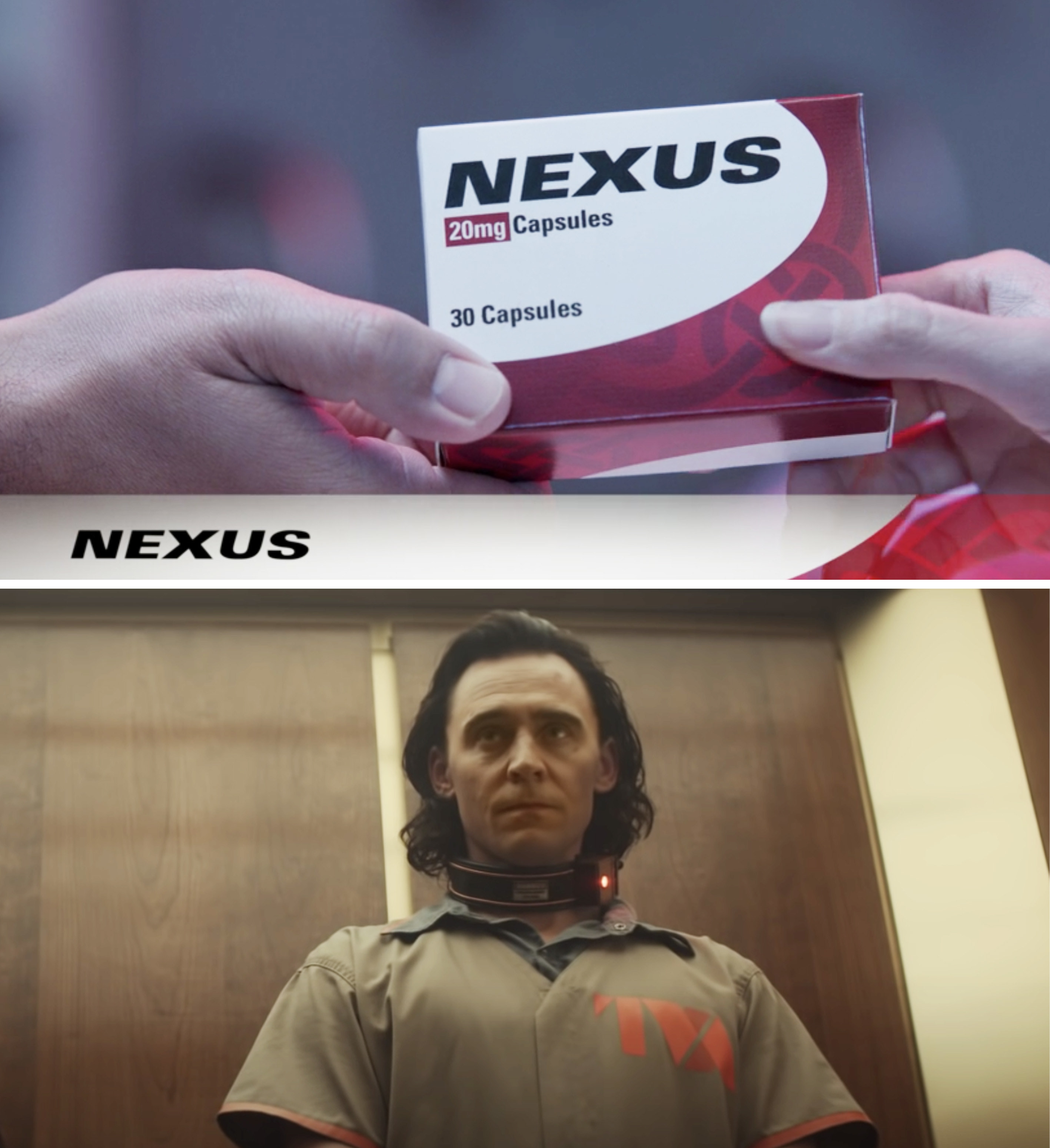 A box of Nexus capsules vs. Loki in a TVA jumpsuit 