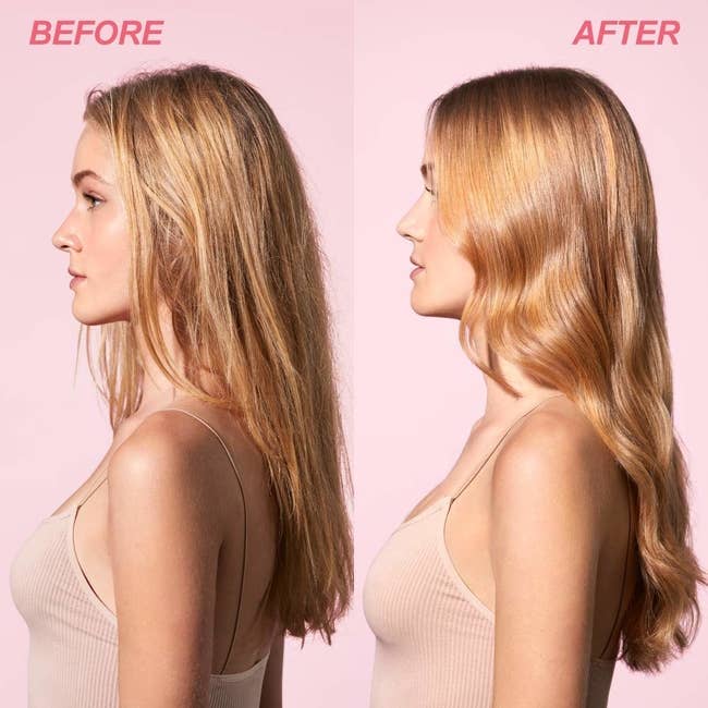 Model showing before-and-after results of using Briogeo Farewell Frizz Rosarco Milk Leave In Conditioning Spray