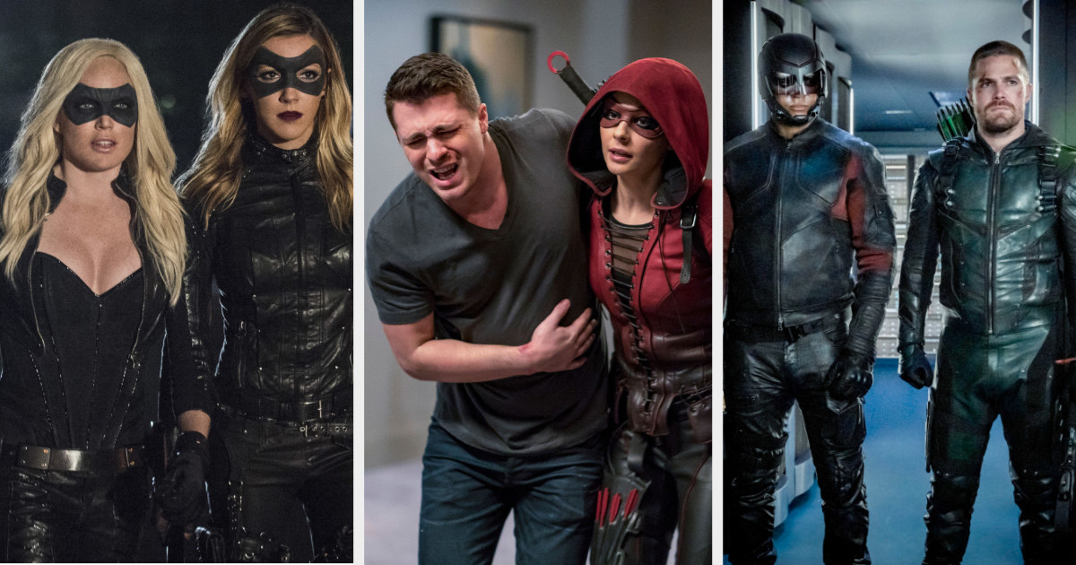 Sarah and Laurel Lance as the Black Canary, Speedy/Thea holding up roy, and Oliver and Diggle in superhero costumes