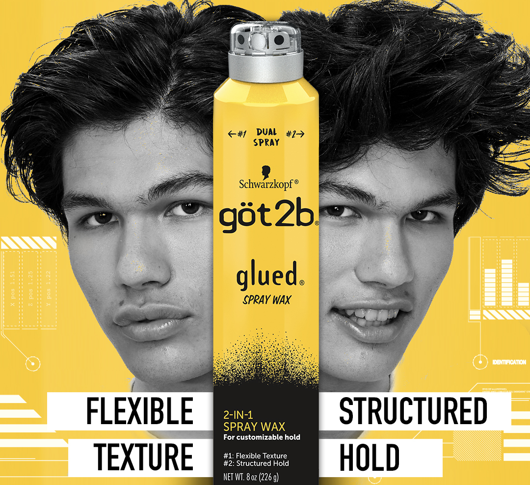 Product image of göt2b&#x27;s Spray Wax with image of model sporting flexible texture hairstyle and structured hold hairstyle. 